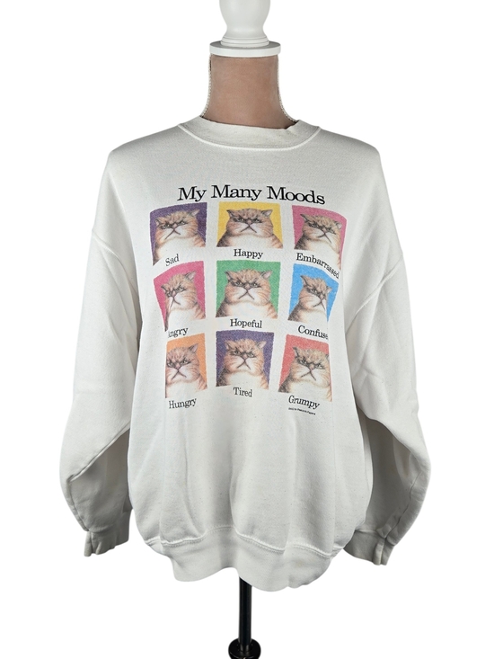 Vintage Tops - Vintage 90s Peacock Papers My Many Moods Cat Sweatshirt White XL